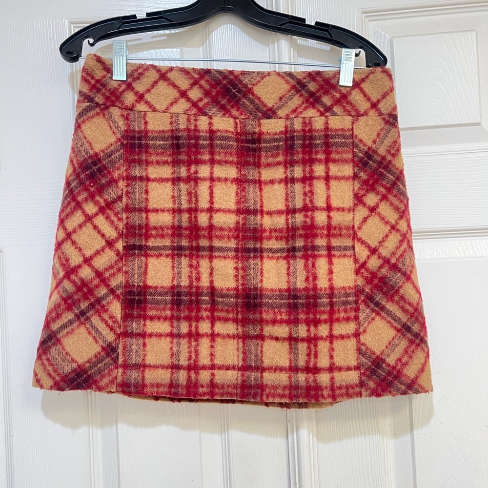 Free People Womens Plaid Mini Skirt Size 12 Tan Red Wool Blend Schoolgirl Preppy